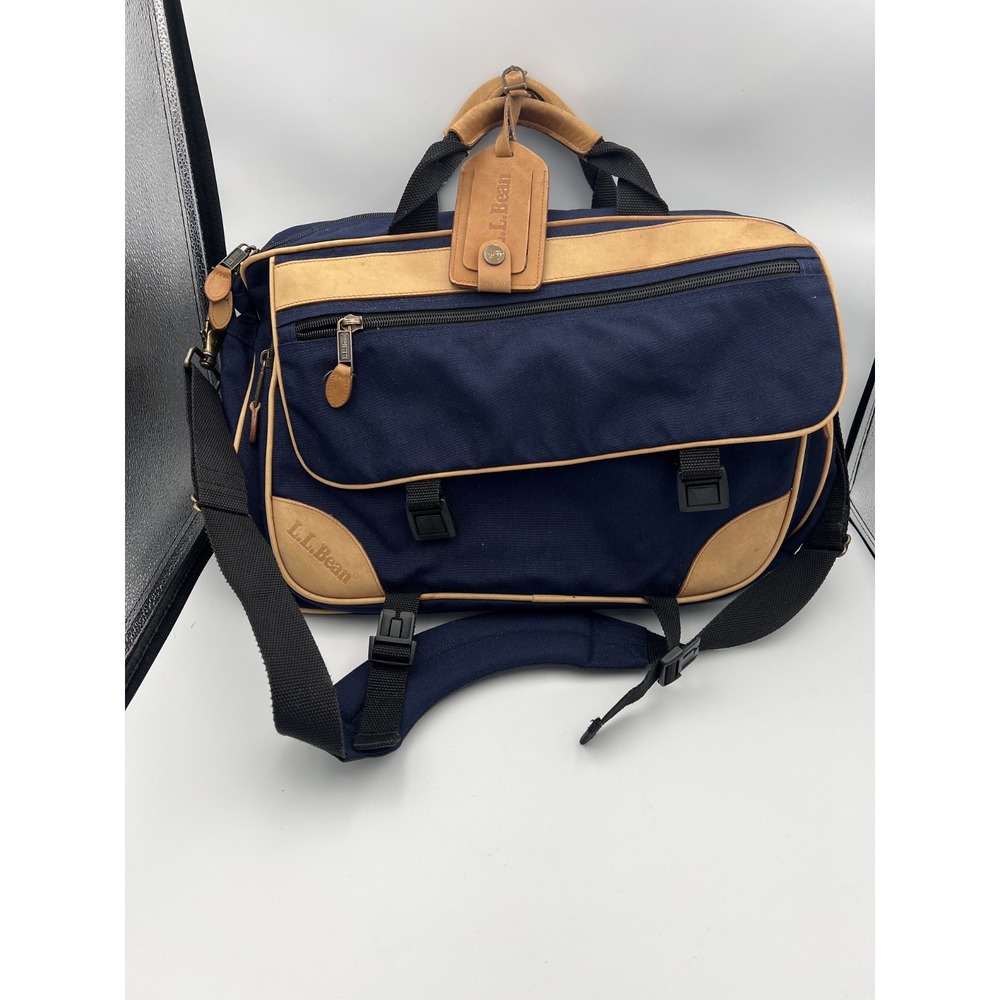 VTG LL Bean Blue Canvas Leather Laptop Messenger Bag Gorpcore Heritage Workwear